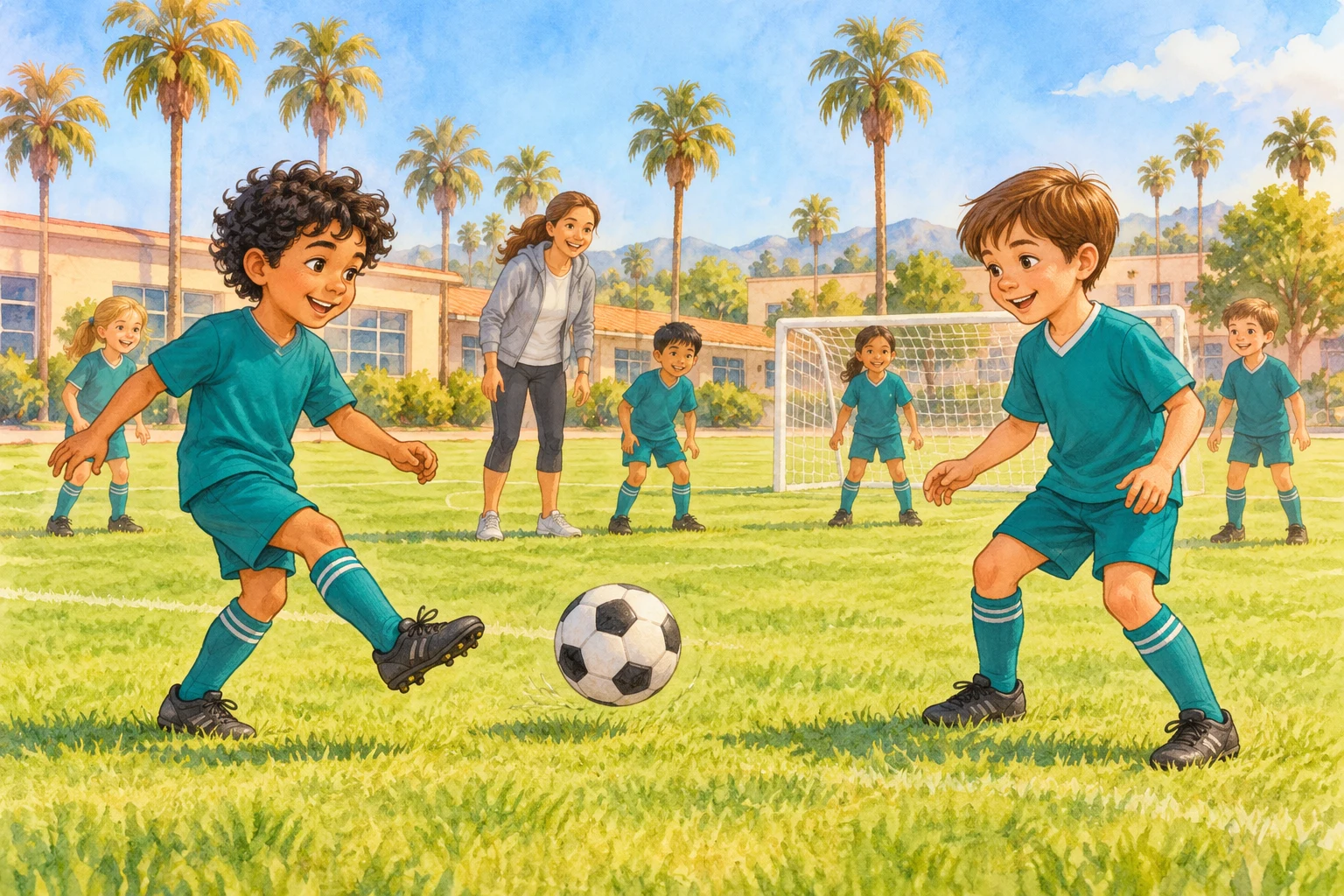 Two fictional friends in teal soccer uniforms practice passing on a sunny school field, with a coach and teammates nearby.